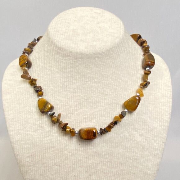 Choker Necklace Tiger's Eye Stones Tiny Silver Tone Beads - Picture 1 of 5